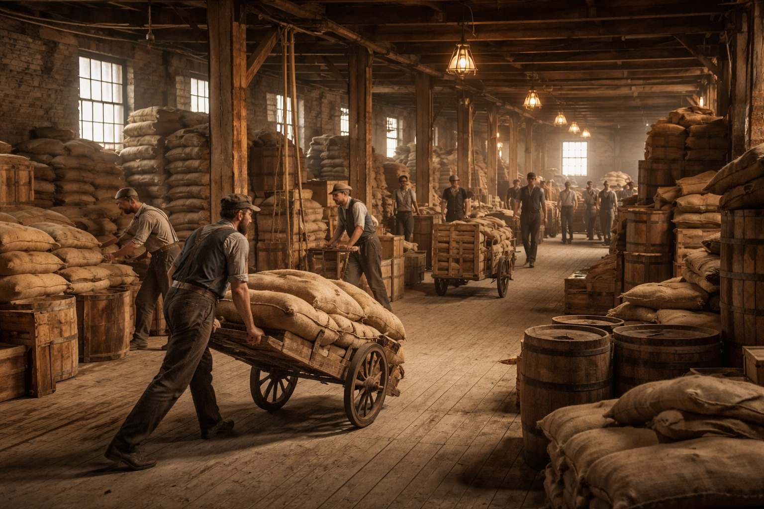 Man pulling a handcart in warehouse