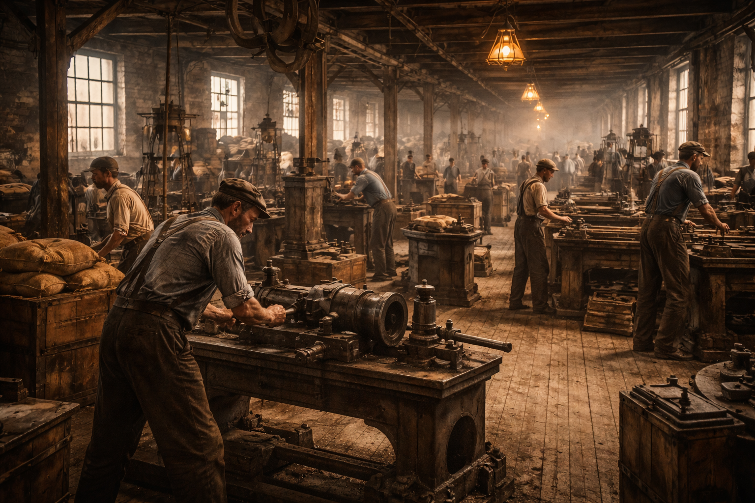 Factory workers in a 1800's warehouse
