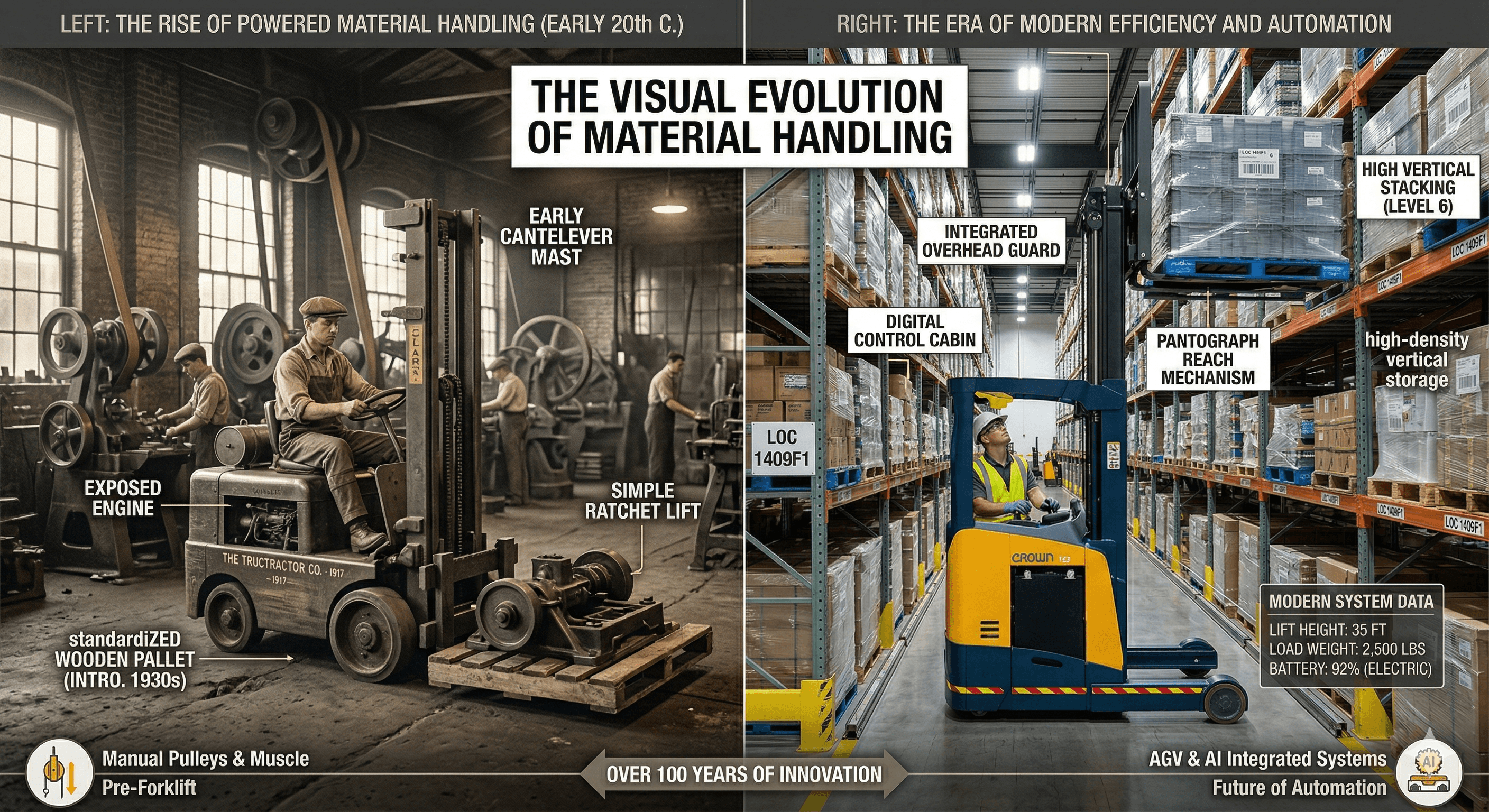 Early industrial lift truck compared with a modern forklift in a warehouse