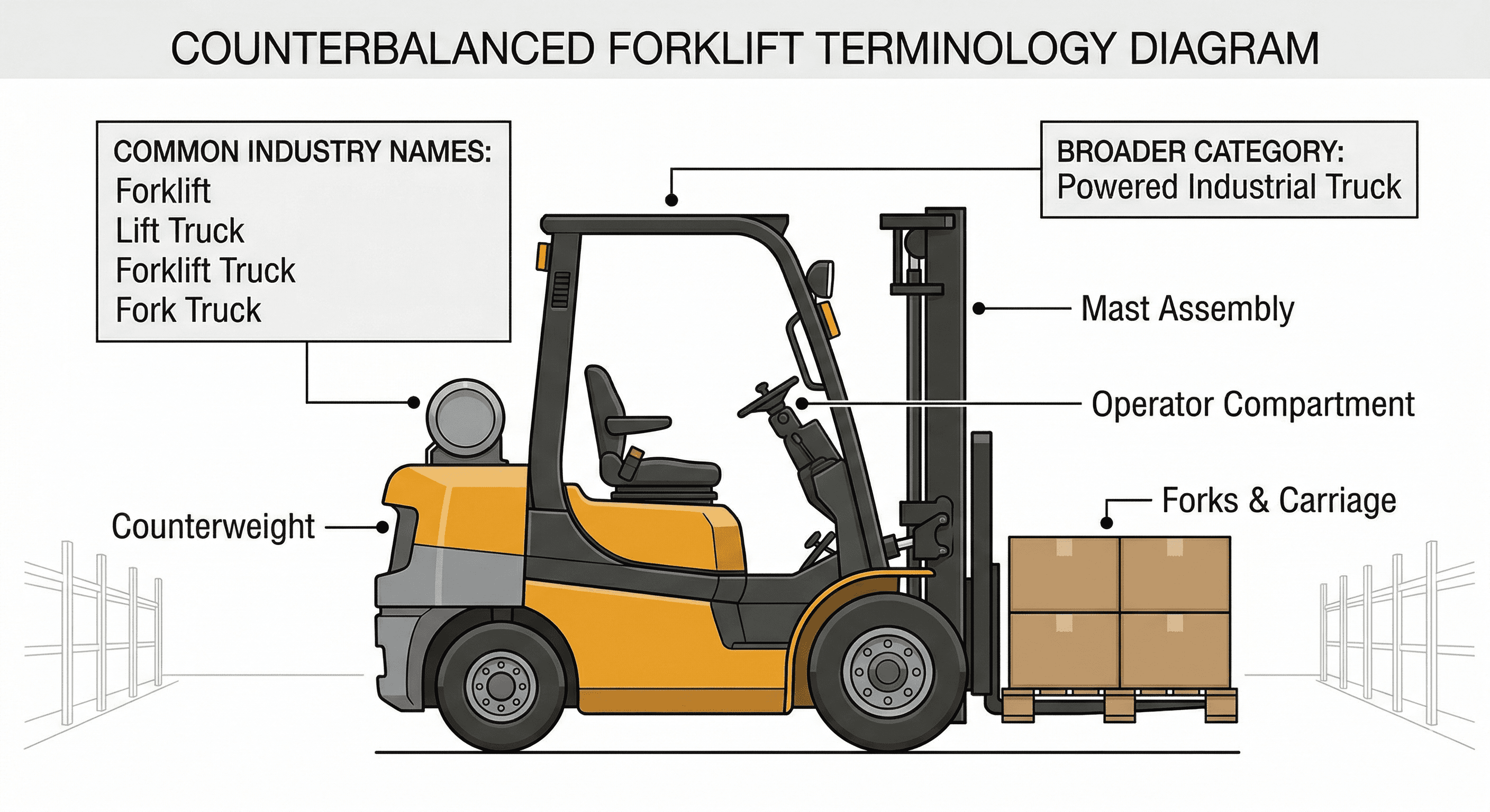 Diagram showing common forklift names including lift truck, forklift truck, and fork truck