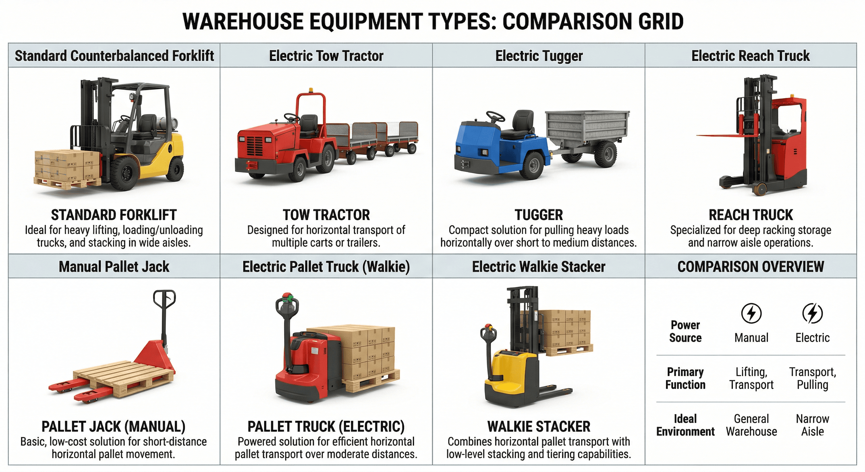 Comparison of forklift, tow tractor, tugger, reach truck, pallet jack, and walkie stacker