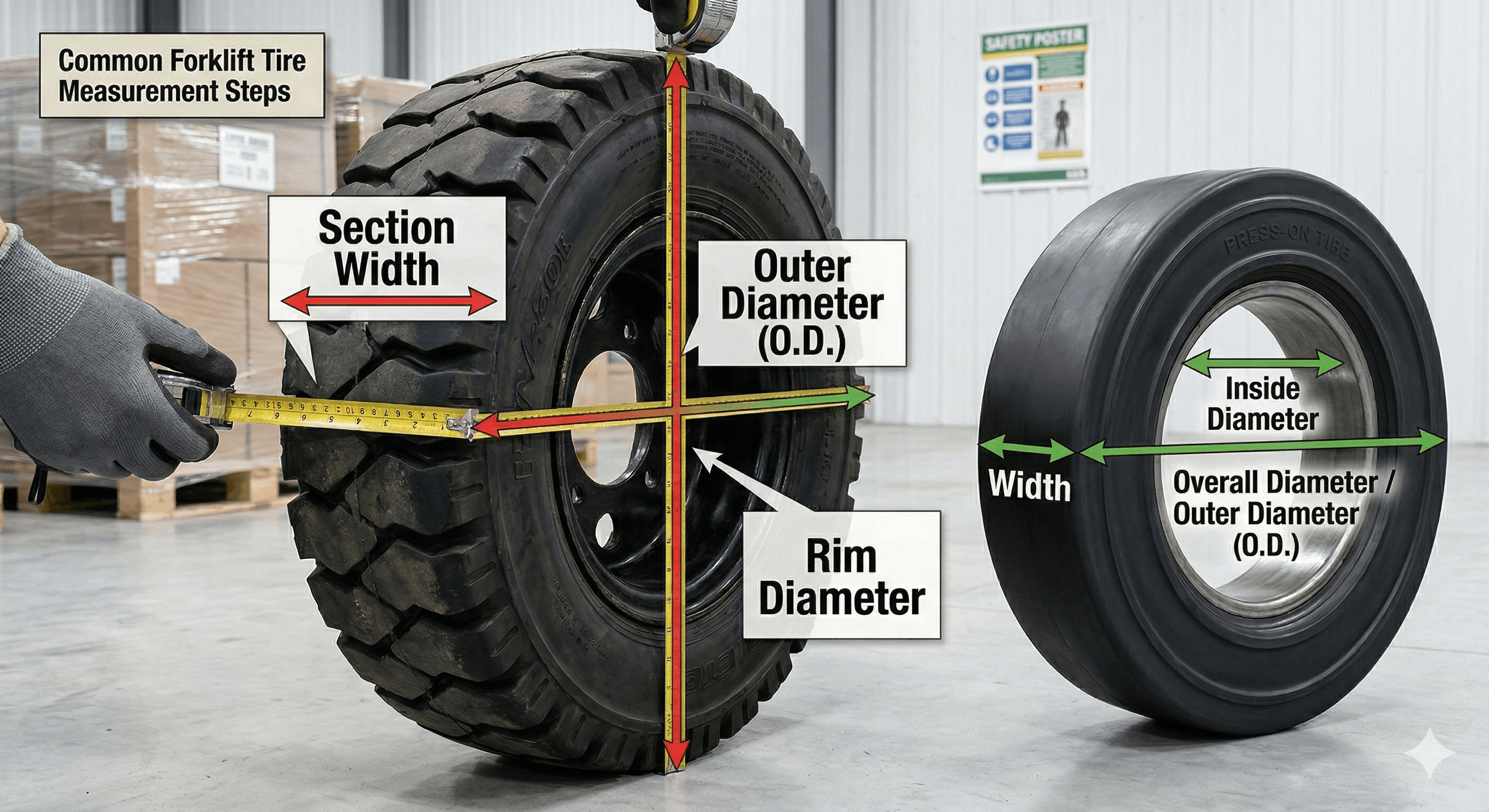 How to Measure Forklift Tires Tape measure showing how to measure a forklift tire for width, diameter, and fitment