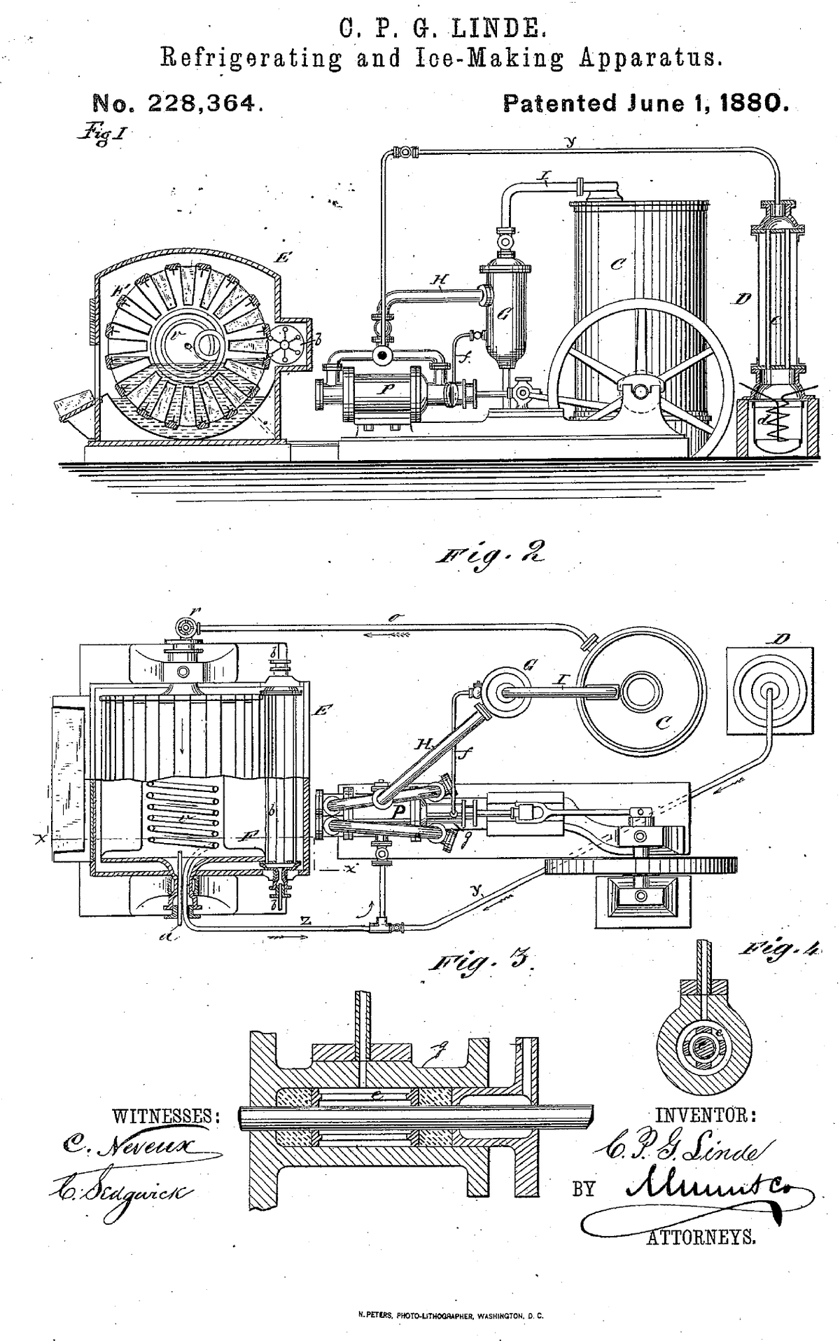 Patent drawing sheet headed C. P. G. Linde, Refrigerating and Ice-Making Apparatus, No. 228,364, Patented June 1, 1880: a side view of a machine with a ribbed drum in a tank, a pump, a large flywheel and tall cylinders, a top view of the same machine below it, two small sectional details, and the signatures of the witnesses and the inventor at the bottom