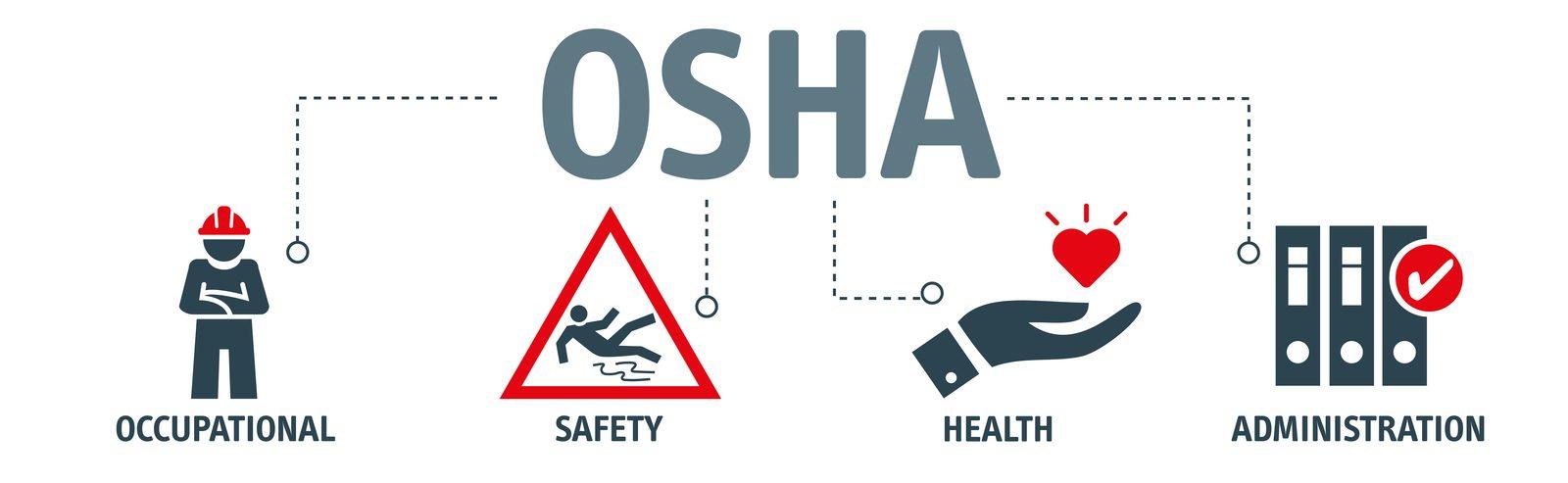 OSHA - Occupational Safety and Health Administration - icon banner showing a worker in a hard hat, a slip-and-fall warning triangle, a hand holding a heart, and record binders
