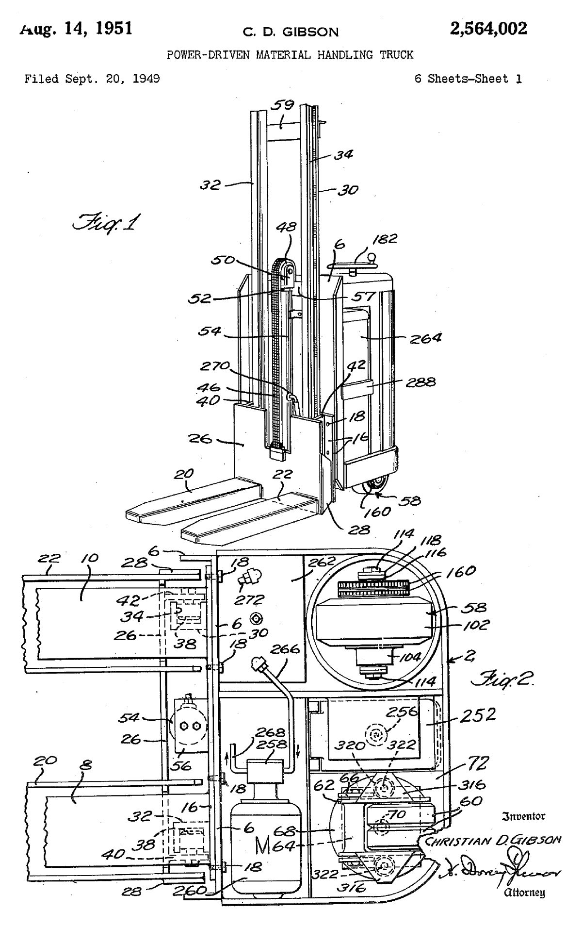 Patent drawing sheet dated August 14, 1951, headed C. D. Gibson: a perspective view of a narrow lift truck with a tall mast and two forks, and below it a bottom view of the same truck showing the forks, the base arms, the pump motor and a round housing around the drive wheel