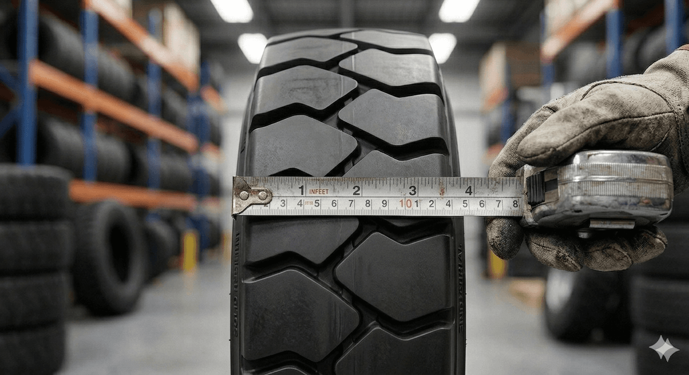 Tape Measure for Forklift Tire Measuring Tape measure used to measure a forklift tire in a warehouse shop setting