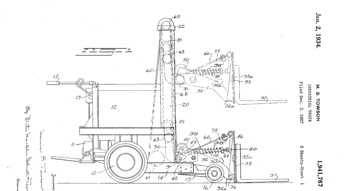Patent drawing of a 1927 Elwell-Parker industrial truck, side view, with a vertical mast and L-shaped forks shown lowered at floor level and, in dashed lines, raised