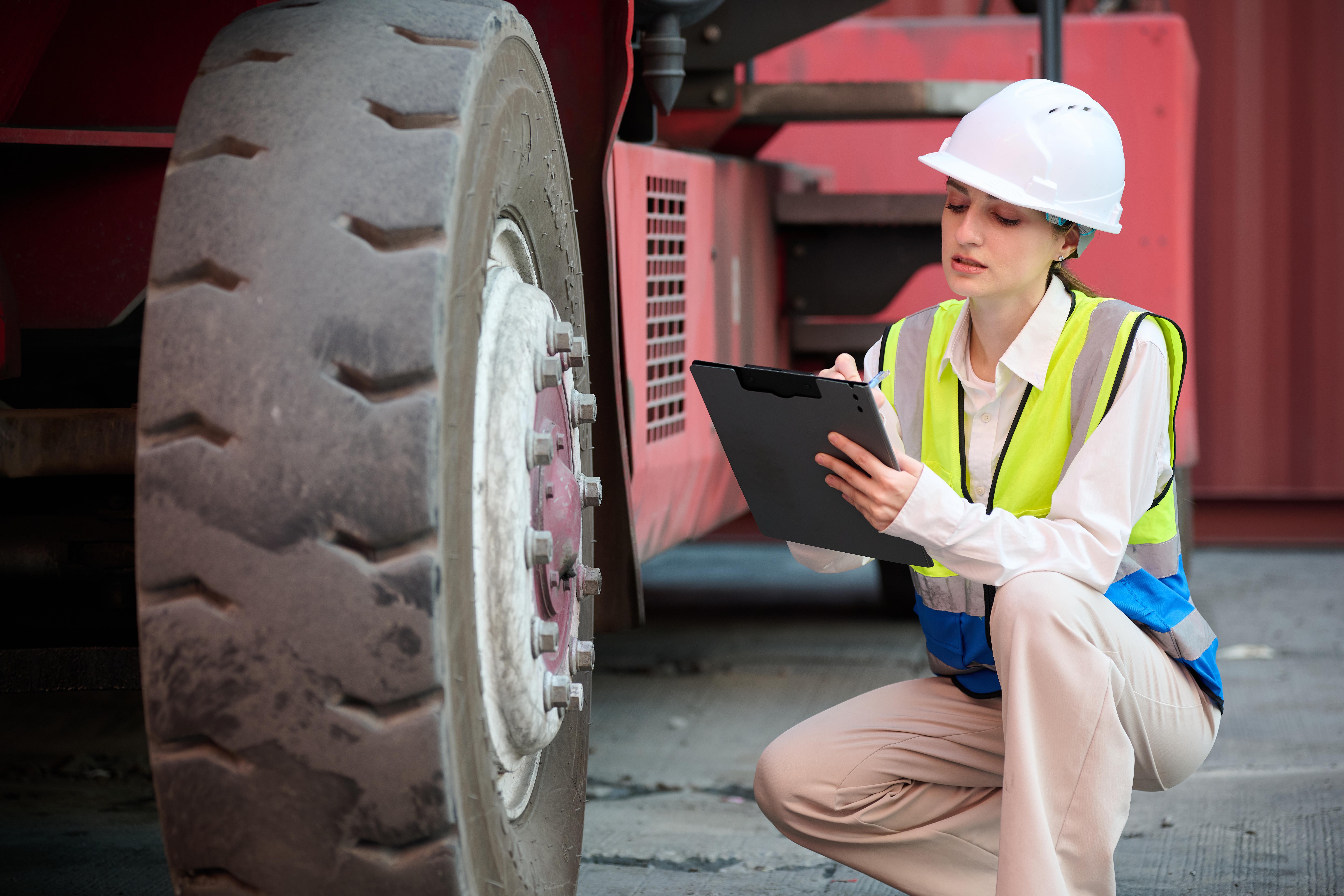 An operator inspects the sidewall of a forklift tire for max psi