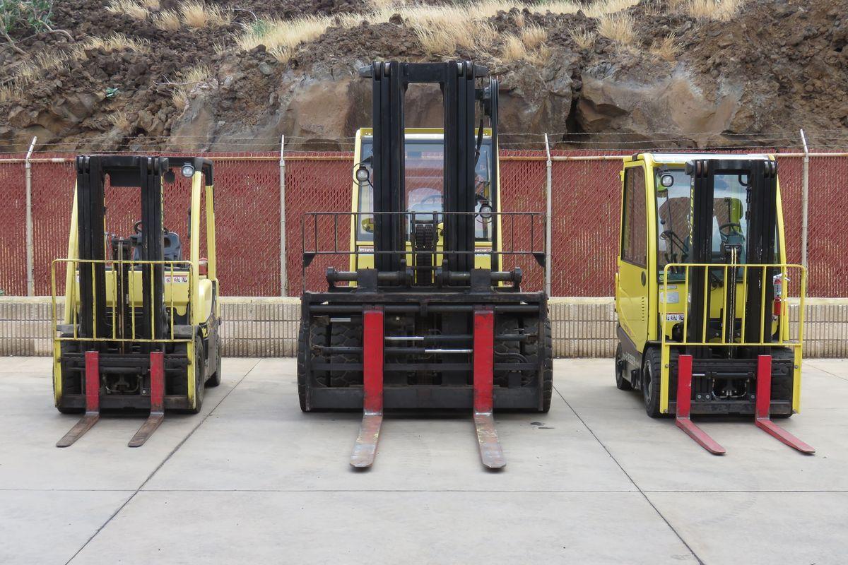 Three yellow pneumatic-tire forklifts with red forks lined up side by side in an outdoor equipment yard